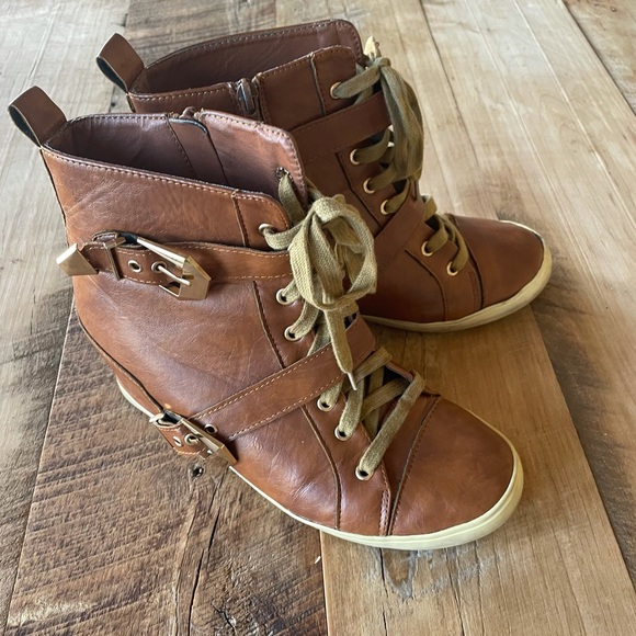 Cognac Vegan Leather Brown High Heel Sneakers - Picture 3 of 6